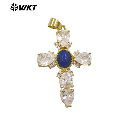 WT-MP320 New Arrival 18K Gold Plated Natural Stones And Zircon Cross Pendants For Lady Trendy Necklace DIY Accessories