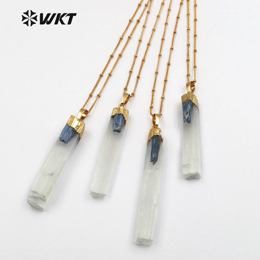 WT-N1128 Women Fashion Gold Plated White Selenite Necklace with Blue Kyanite Charm