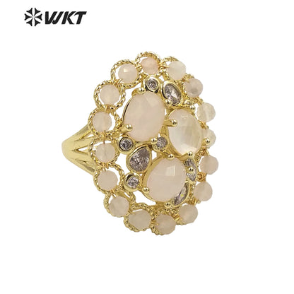 WT-R457 WKT New Design Fashion Gold Bezel Natural Stone by Claw Setting Ring Gorgeous Big Multi Real Stone Women Ring