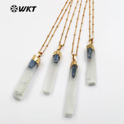 WT-N1128 Women Fashion Gold Plated White Selenite Necklace with Blue Kyanite Charm