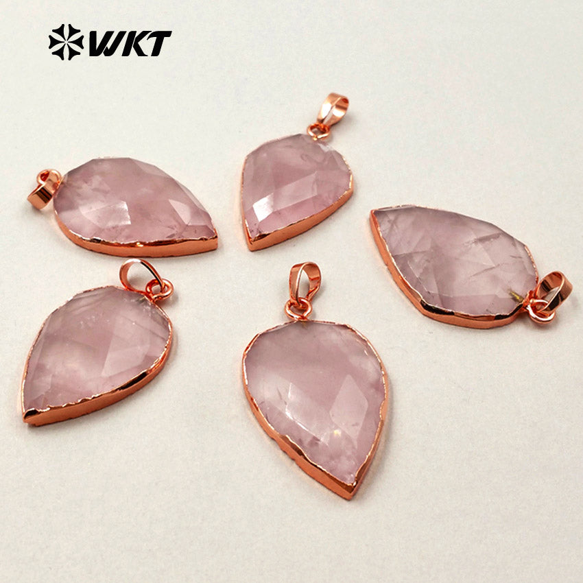 WT-P1297 WKT Wholesale pink Color Teardrop Faceted Raw Stone Charm Rose Gold Plated Rose Quartz Pendant