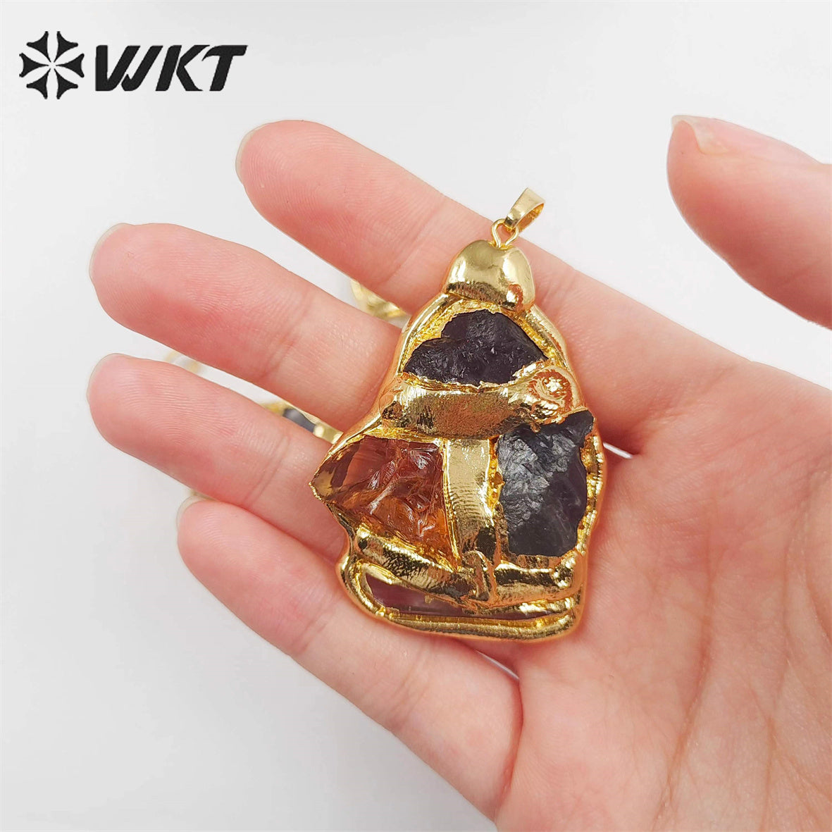 WT-P1906 WKT Exclusive Vintage Style Big Gemstone Pendants Handmade Gold Plated Yellow Citrine Stone Jewelry Pendants