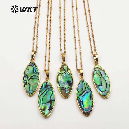 WT-JN030 Wholesale Natural Abalone Shell Horse Eye Shape Pendant Necklace, Women Fashion Gold Trim Shell Necklace