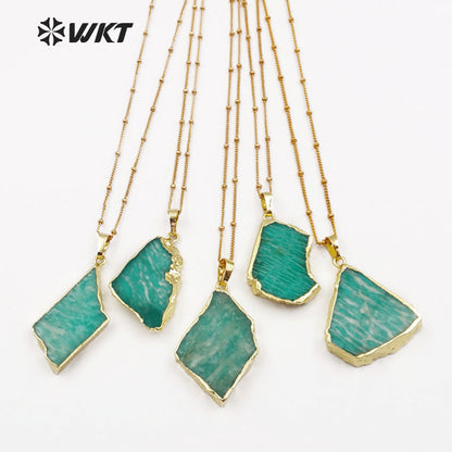 WT-N1136 Women Mineral Jewelry 18''Inch Long Gold Layer Irregular Shape Gold Bezel Natural Amazonite Stone Pendant Necklace