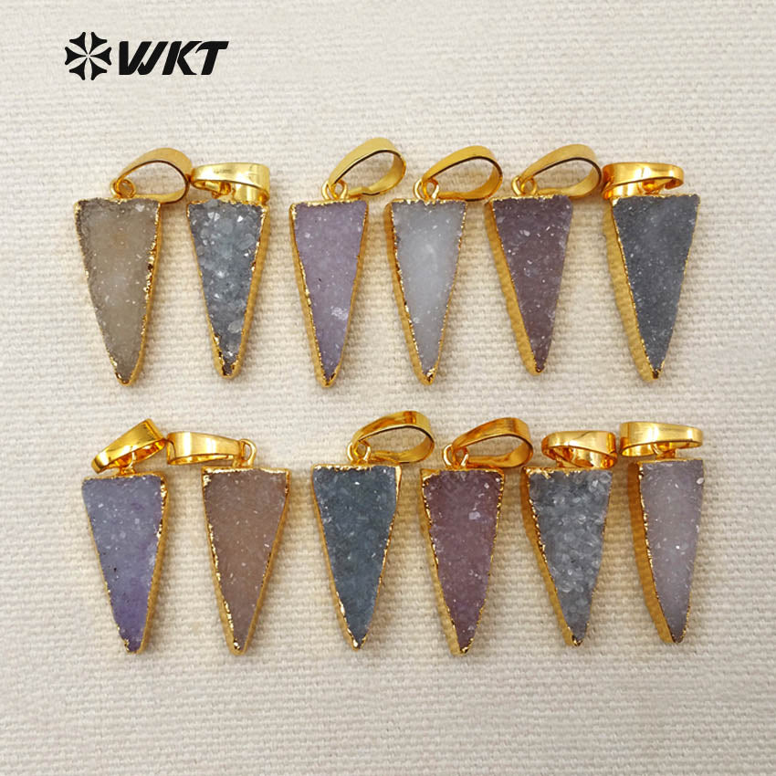 WT-P1276 WKT Wholesale Fashion New Natural Drusy Quartz 18k Real Gold Plated Charm Triangle Druzy Agate Pendant