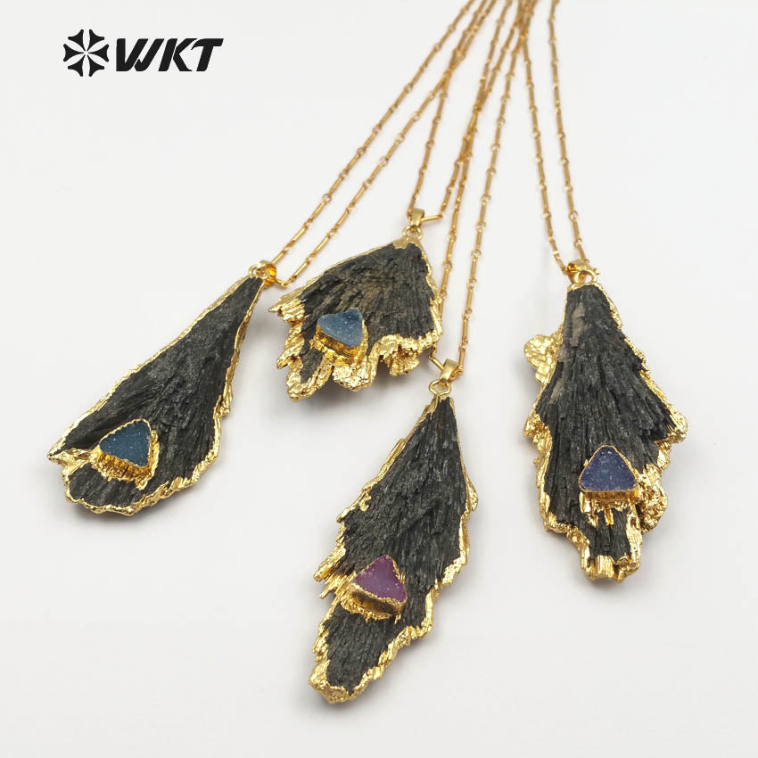 WT-N1123 Unique Black Tourmaline with Druzy Charms for Women Gorgeous Black Raw Stone Big Tourmaline Necklace