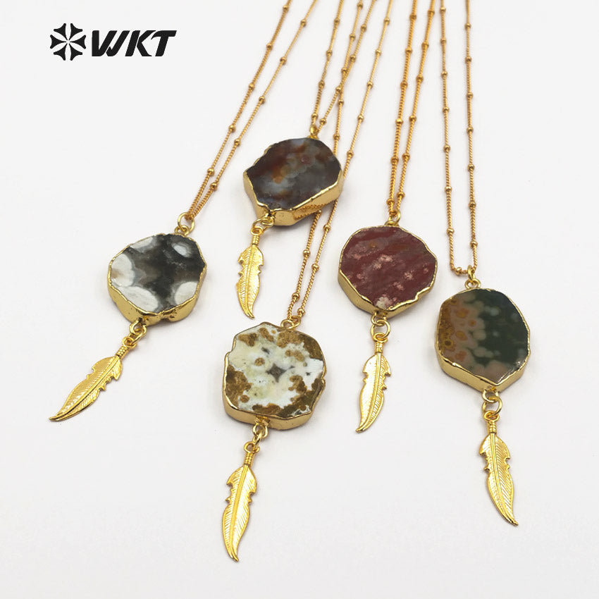 WT-N1131 Wholesale Ocean jasper With Feather Charm Necklace, 18k Real Gold Plated Ocean jasper Stone Necklace