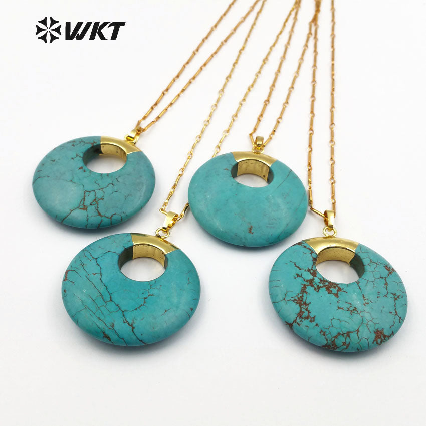 WT-N1129 Wholesale Boho Gold Plated Turquoise Necklace, Natural Green Turquoise Stone Necklace in Round