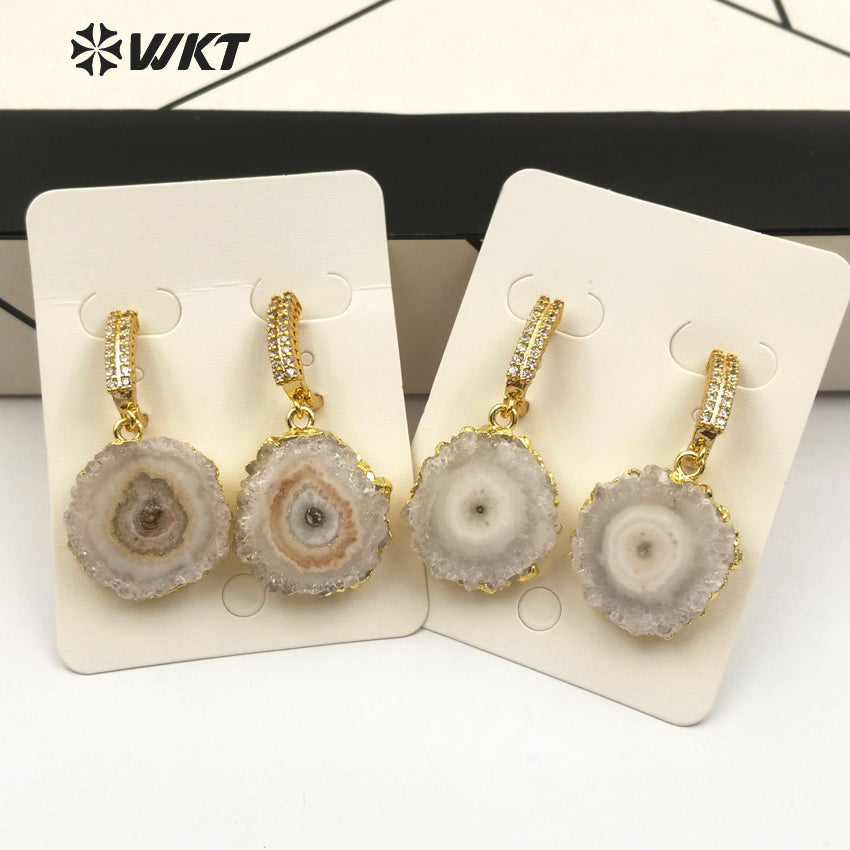 WT-E477 Women Vogue Jewelry With Gold Bezel Dainty Cubic Zirconia Pave Earring Natural Stalactite Quartz Delicate Stud Earring