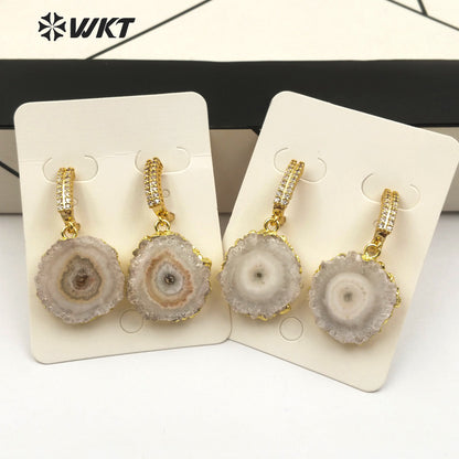 WT-E477 Women Vogue Jewelry With Gold Bezel Dainty Cubic Zirconia Pave Earring Natural Stalactite Quartz Delicate Stud Earring