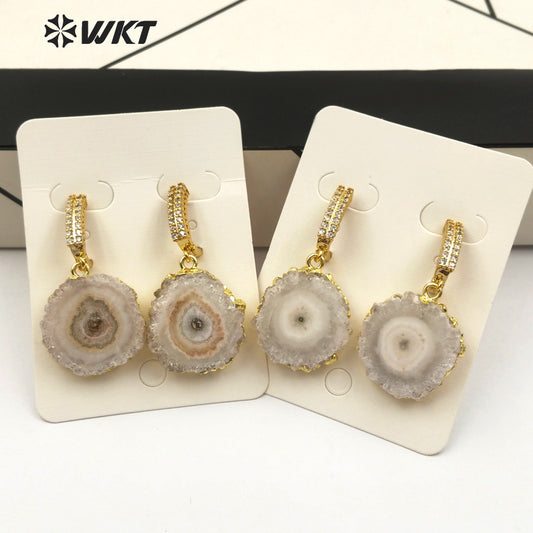 WT-E477 Women Vogue Jewelry With Gold Bezel Dainty Cubic Zirconia Pave Earring Natural Stalactite Quartz Delicate Stud Earring
