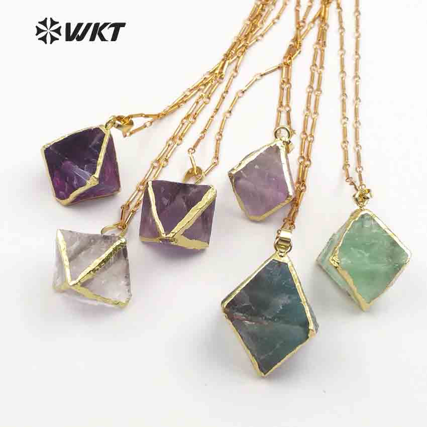 WT-N1142 Hot Sale Women Jewelry Amazing Natural Colorful Stone Faceted with Gold Trim High Quality rainbow Fluorite Necklace