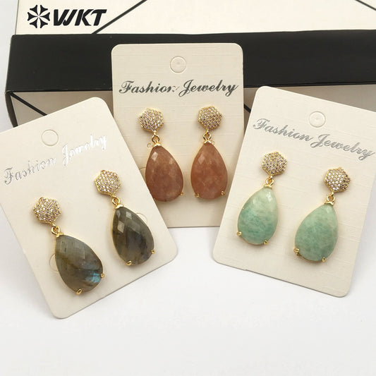 WT-E479 Simple Elegant Bridesmaid Jewely Hexagon Shape CZ Pave Earring Stud With Teardrop Amazonite Labradorite Earring