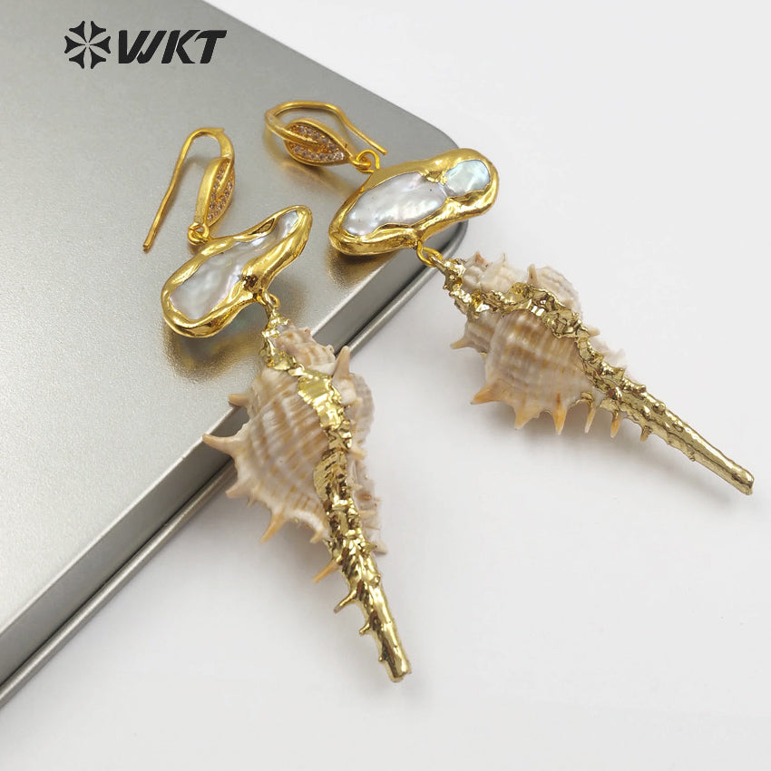 WT-E476 Jewelry Women Real Spiky Summer Holiday Sea Pearl Inlay Pearl Dainty Earring Raw Shape Wild Coast Trumpet Shell Earring