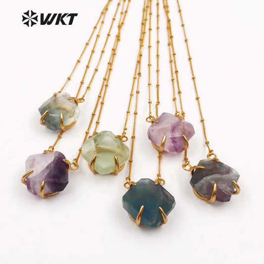 WT-N1135 Wholesale Amazing Multi Color Natural Stone Necklace Pendant Faceted Stone with Gold Trim for Natural Stone Necklace