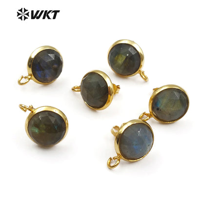 WT-JF328 Natural Labradorite Stud Earring Round Shape Faceted Stone With Gold Bezel Post Connector Jewelry Findings