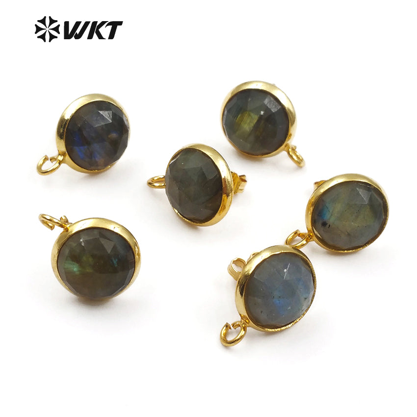 WT-JF328 Natural Labradorite Stud Earring Round Shape Faceted Stone With Gold Bezel Post Connector Jewelry Findings