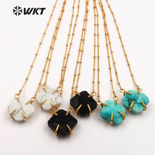 WT-N1134 Wholesale Fashion Mini Super Natural Stone Faceted Stone Necklace Pendant Necklace with Gold Trim Necklace