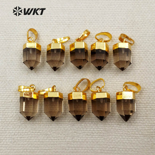 WT-P1265 WKT Wholesale Bullet Point Tiny Transparent 24k Real Gold Plated Smokey Quartz Pendant