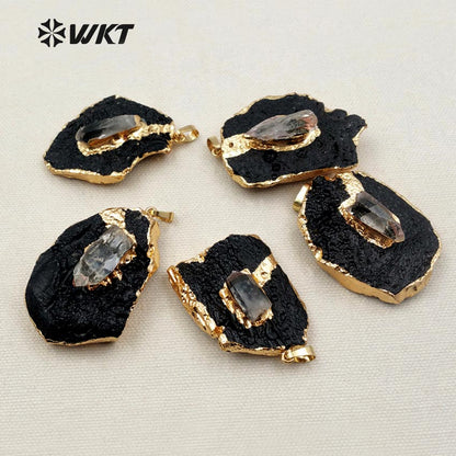 WT-P1284 WKT Wholesale New Fashion Free Form Stone 18k Real Gold Plated Smokey Quartz Charm Black Tourmaline Pendant