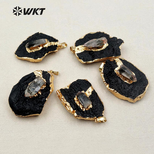 WT-P1284 WKT Wholesale New Fashion Free Form Stone 18k Real Gold Plated Smokey Quartz Charm Black Tourmaline Pendant