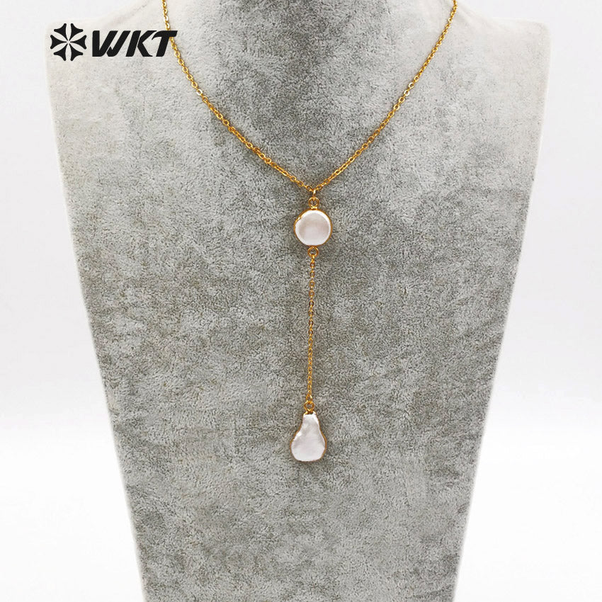 WT-N1127 Creative Design Natural Baroque Pearl Necklace, 18k Real Gold Plated Link Chain Baroque Pearl Necklace