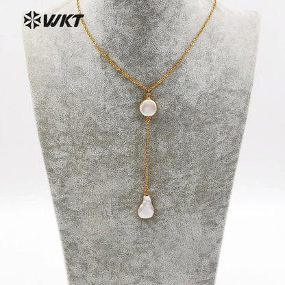 WT-N1127 Creative Design Natural Baroque Pearl Necklace, 18k Real Gold Plated Link Chain Baroque Pearl Necklace