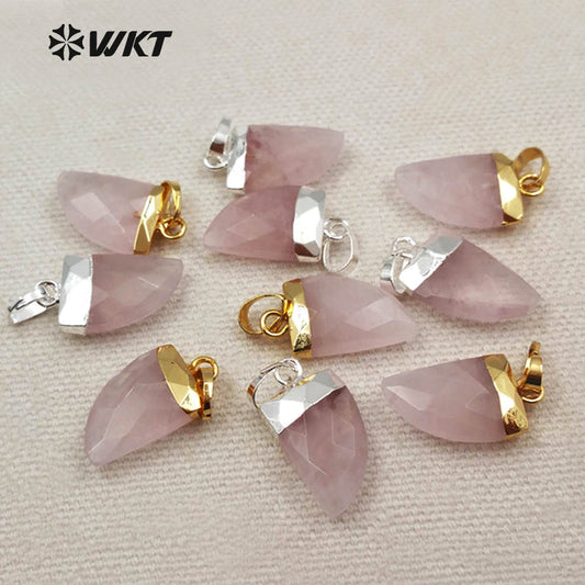 WT-P1269 WKT Wholesale Tiny Natural pink Jade 18k Real Gold Silver Plated Raw Rose Quartz Moon Pendant