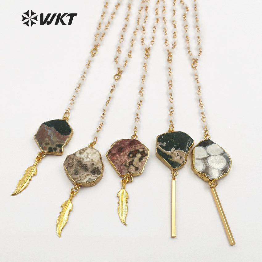 WT-N1132 Random Shape Natural Ocean Stone With Gold Trim Inlay Different Drop Pendant 18 Inch Crystal Bead Rosary Chain Necklace
