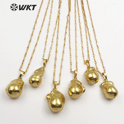 WT-JN059 18''Inch Bamboo Chain Personalize Gift in Full Gold Dipped Pearl Pendant Natural Raw Baroque Pearl Necklace