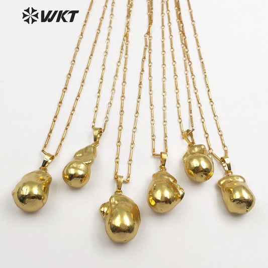 WT-JN059 18''Inch Bamboo Chain Personalize Gift in Full Gold Dipped Pearl Pendant Natural Raw Baroque Pearl Necklace