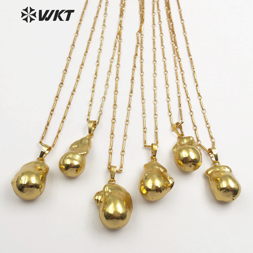 WT-JN059 18''Inch Bamboo Chain Personalize Gift in Full Gold Dipped Pearl Pendant Natural Raw Baroque Pearl Necklace
