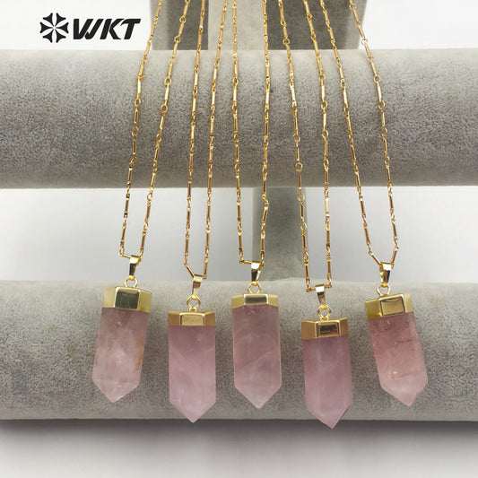 WT-N1144 18''Inch Boho Necklace in Pencil Point Shape Gold Capped Pink Quartz Pendant Jewelry Natural Rose Crystal Necklace