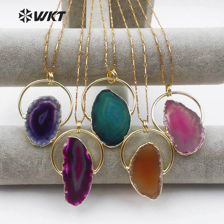WT-N1138 Natural Sliced Stone With Gold Bezel Pendant Double Tiny Hoop Charm Bohe Layer 18'' Inch for Women Agate Necklace