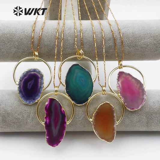WT-N1138 Natural Sliced Stone With Gold Bezel Pendant Double Tiny Hoop Charm Bohe Layer 18'' Inch for Women Agate Necklace