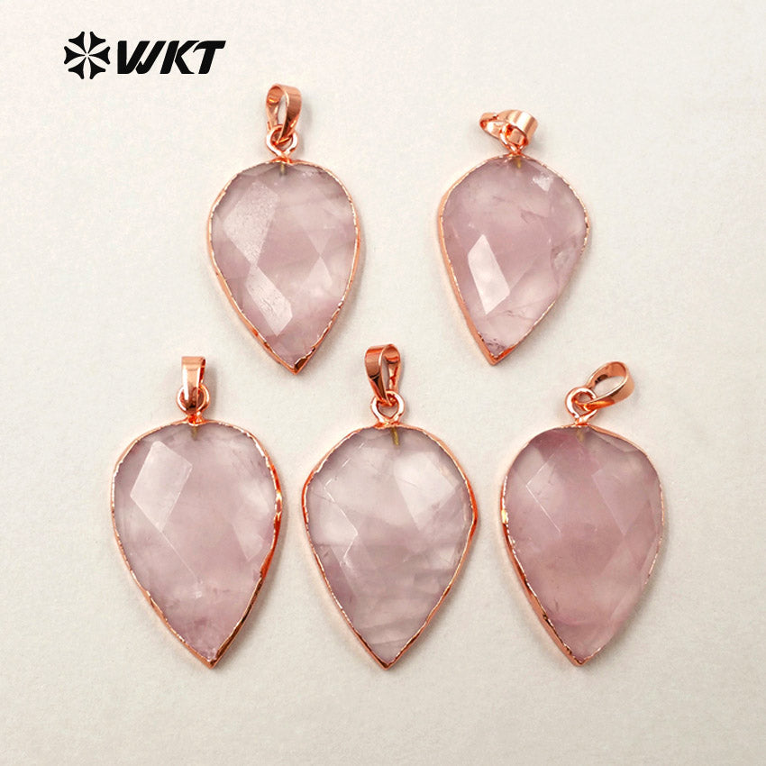 WT-P1297 WKT Wholesale pink Color Teardrop Faceted Raw Stone Charm Rose Gold Plated Rose Quartz Pendant