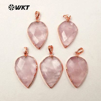 WT-P1297 WKT Wholesale pink Color Teardrop Faceted Raw Stone Charm Rose Gold Plated Rose Quartz Pendant