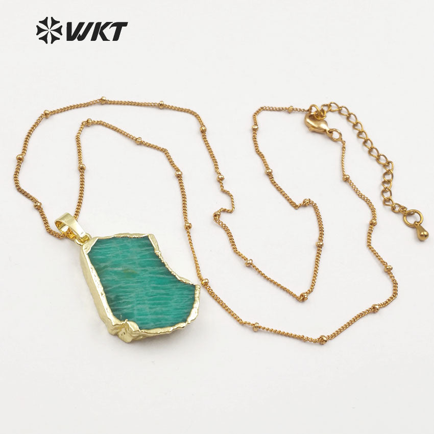 WT-N1136 Women Mineral Jewelry 18''Inch Long Gold Layer Irregular Shape Gold Bezel Natural Amazonite Stone Pendant Necklace