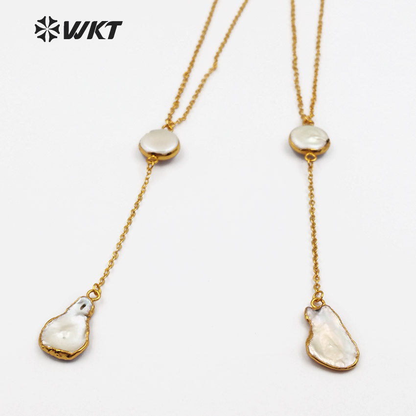 WT-N1127 Creative Design Natural Baroque Pearl Necklace, 18k Real Gold Plated Link Chain Baroque Pearl Necklace