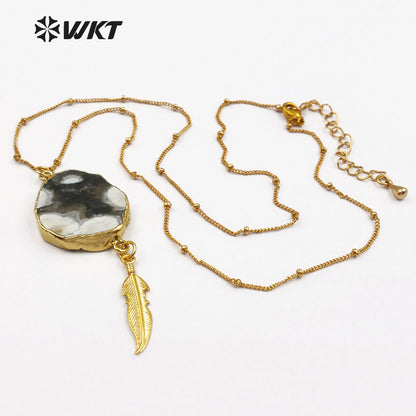 WT-N1131 Wholesale Ocean jasper With Feather Charm Necklace, 18k Real Gold Plated Ocean jasper Stone Necklace