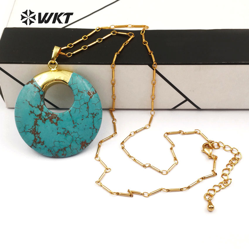 WT-N1129 Wholesale Boho Gold Plated Turquoise Necklace, Natural Green Turquoise Stone Necklace in Round