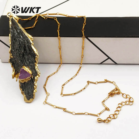 WT-N1123 Unique Black Tourmaline with Druzy Charms for Women Gorgeous Black Raw Stone Big Tourmaline Necklace