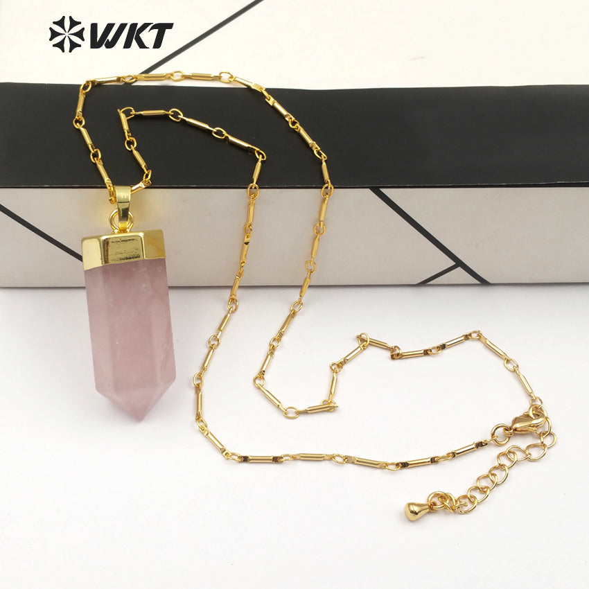 WT-N1144 18''Inch Boho Necklace in Pencil Point Shape Gold Capped Pink Quartz Pendant Jewelry Natural Rose Crystal Necklace