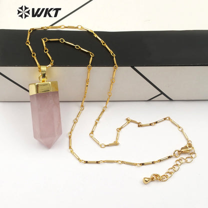 WT-N1144 18''Inch Boho Necklace in Pencil Point Shape Gold Capped Pink Quartz Pendant Jewelry Natural Rose Crystal Necklace