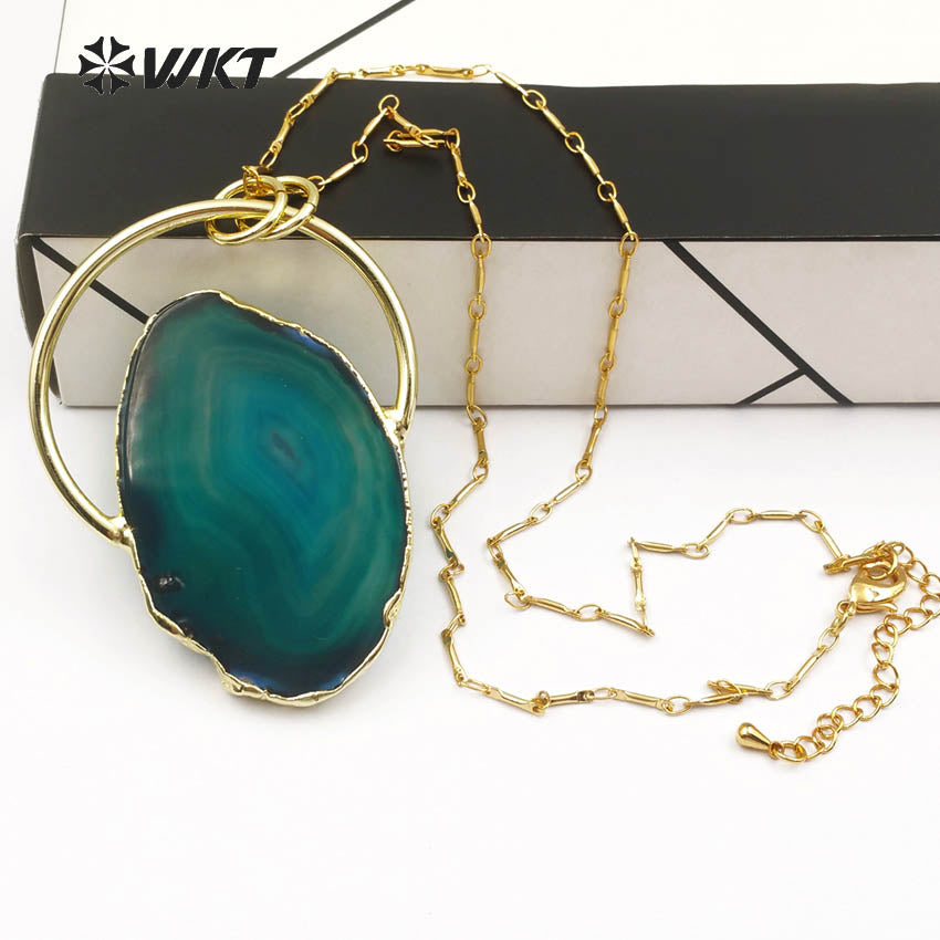 WT-N1138 Natural Sliced Stone With Gold Bezel Pendant Double Tiny Hoop Charm Bohe Layer 18'' Inch for Women Agate Necklace