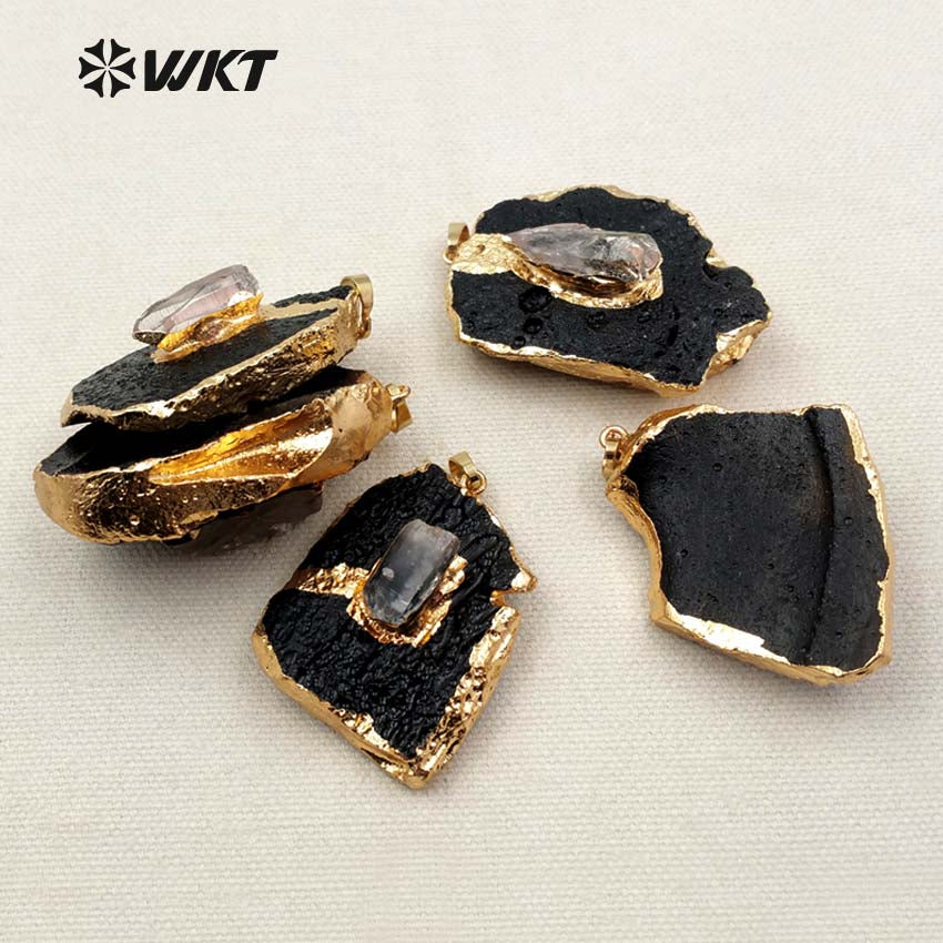 WT-P1284 WKT Wholesale New Fashion Free Form Stone 18k Real Gold Plated Smokey Quartz Charm Black Tourmaline Pendant