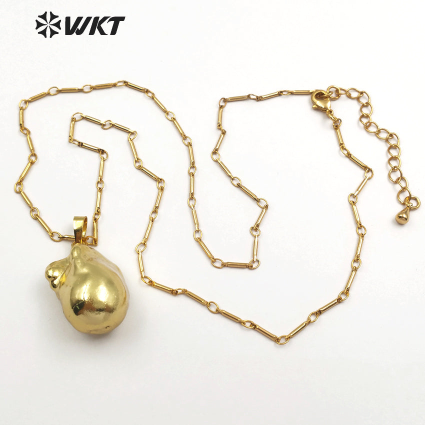 WT-JN059 18''Inch Bamboo Chain Personalize Gift in Full Gold Dipped Pearl Pendant Natural Raw Baroque Pearl Necklace