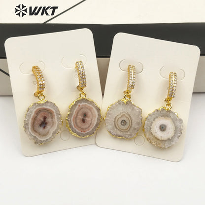 WT-E477 Women Vogue Jewelry With Gold Bezel Dainty Cubic Zirconia Pave Earring Natural Stalactite Quartz Delicate Stud Earring