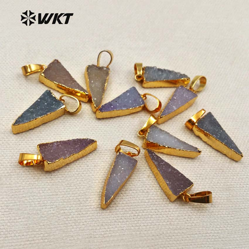 WT-P1276 WKT Wholesale Fashion New Natural Drusy Quartz 18k Real Gold Plated Charm Triangle Druzy Agate Pendant