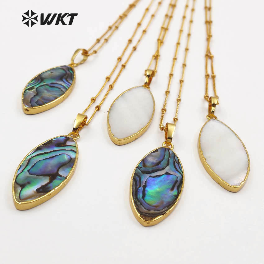 WT-JN030 Wholesale Natural Abalone Shell Horse Eye Shape Pendant Necklace, Women Fashion Gold Trim Shell Necklace